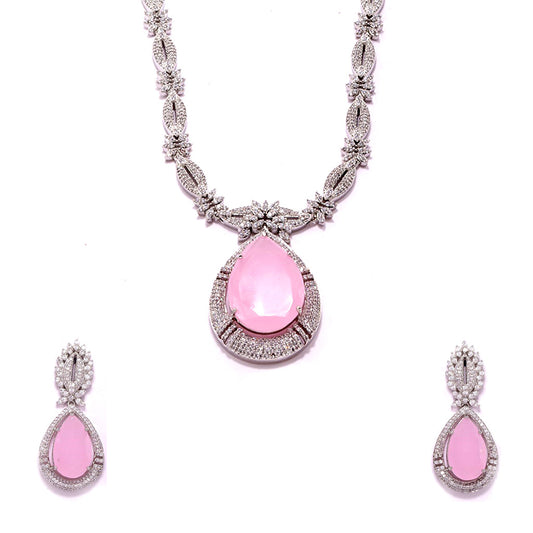 An image showing Imperial Elegance American Diamond Necklace Set (Pink) with Earrings.
