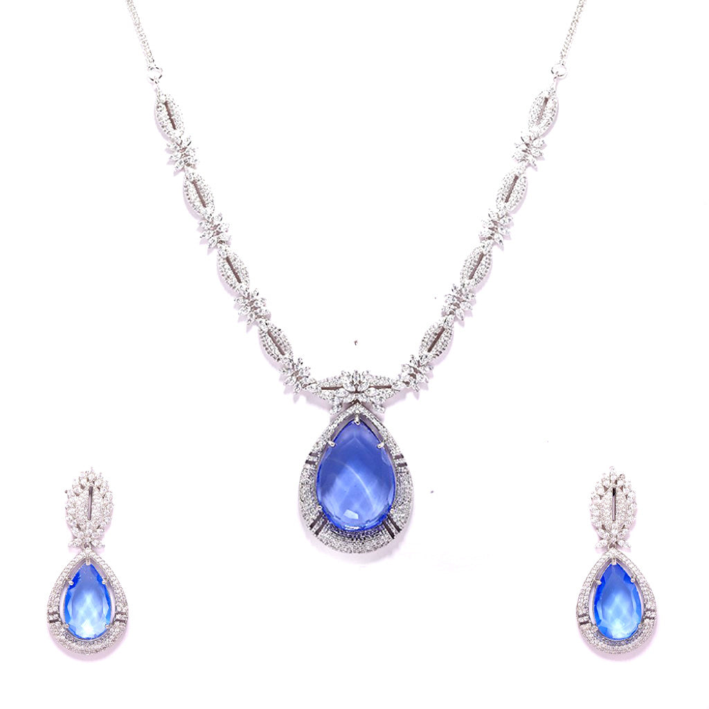 An image showing Imperial Elegance American Diamond Necklace (Blue) with Earrings.
