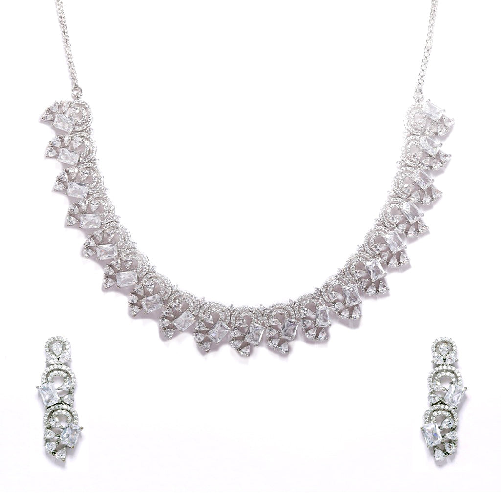 An image showing Infinite Swirl Radiance American Diamond Necklace (Rodium) with Earrings.