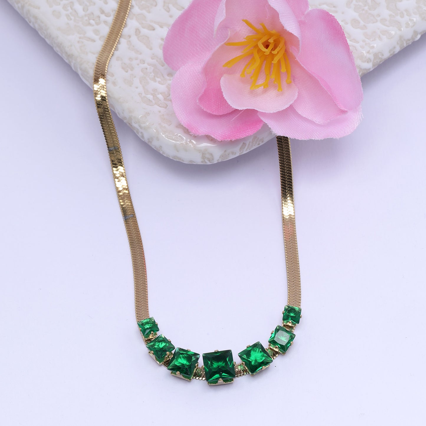 Green Crystal 18K Gold Plated Snake Chain Necklace
