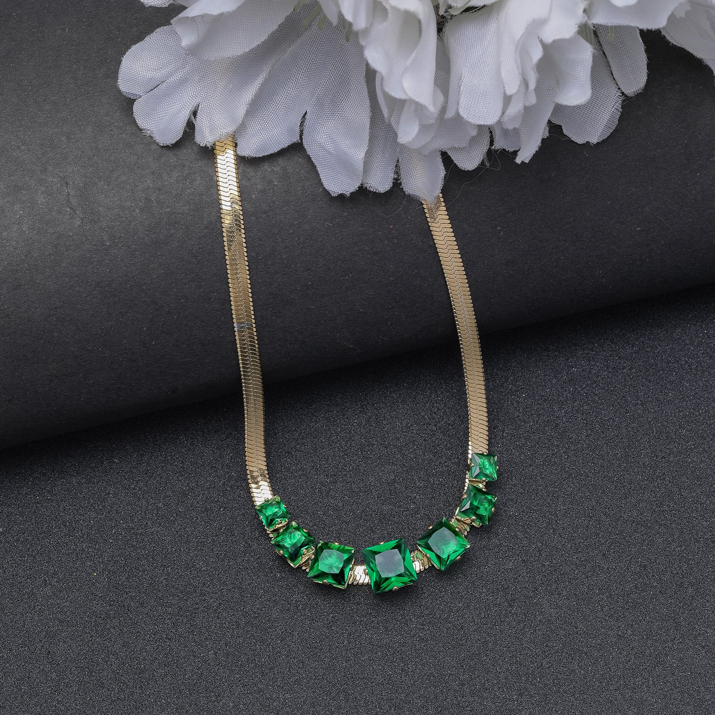 Green Crystal 18K Gold Plated Snake Chain Necklace