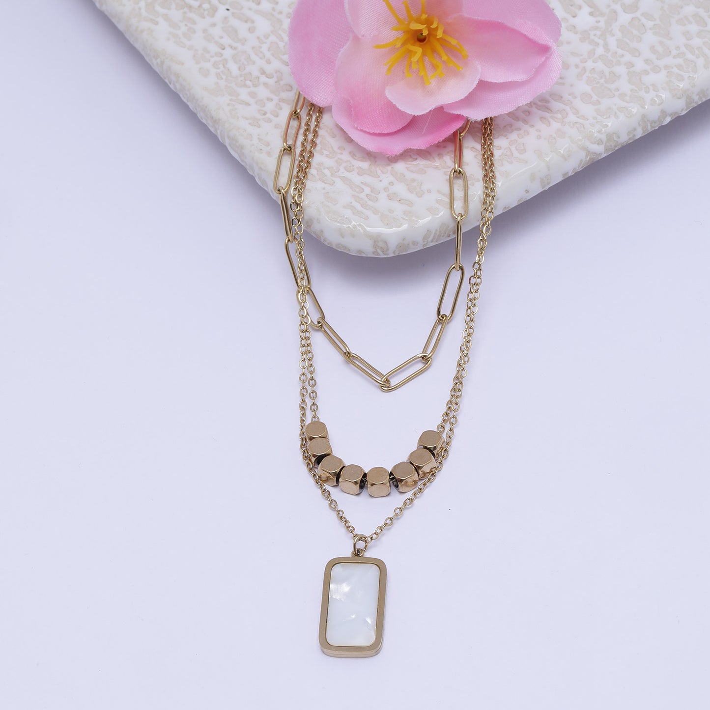 Multilayer Summer 18k Gold necklace with White Crystal