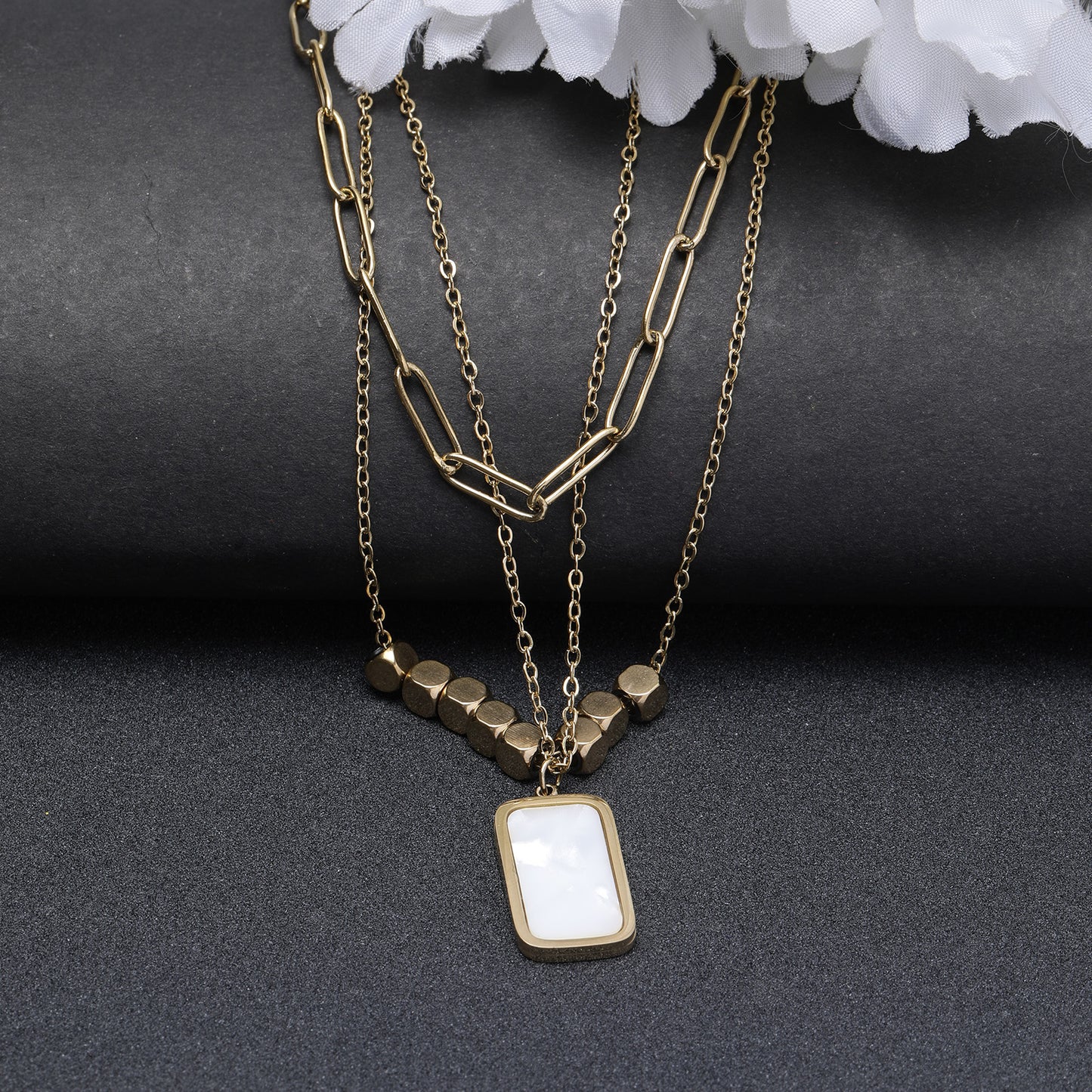 Multilayer Summer 18k Gold necklace with White Crystal