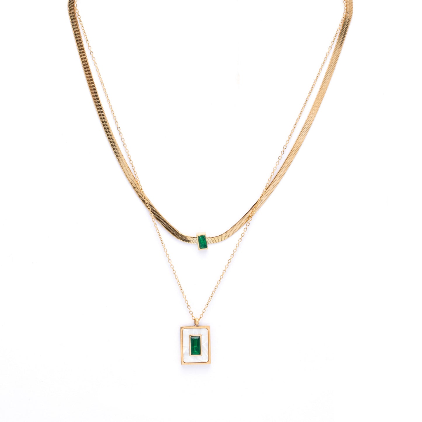 Multi-Layer 18K Gold Plated Necklace with Green & White Crystals