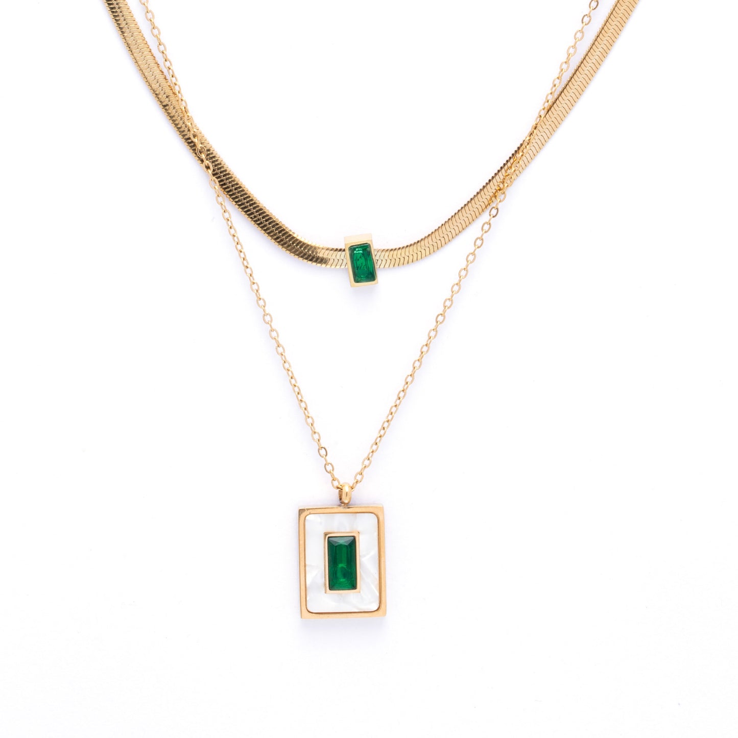Multi-Layer 18K Gold Plated Necklace with Green & White Crystals