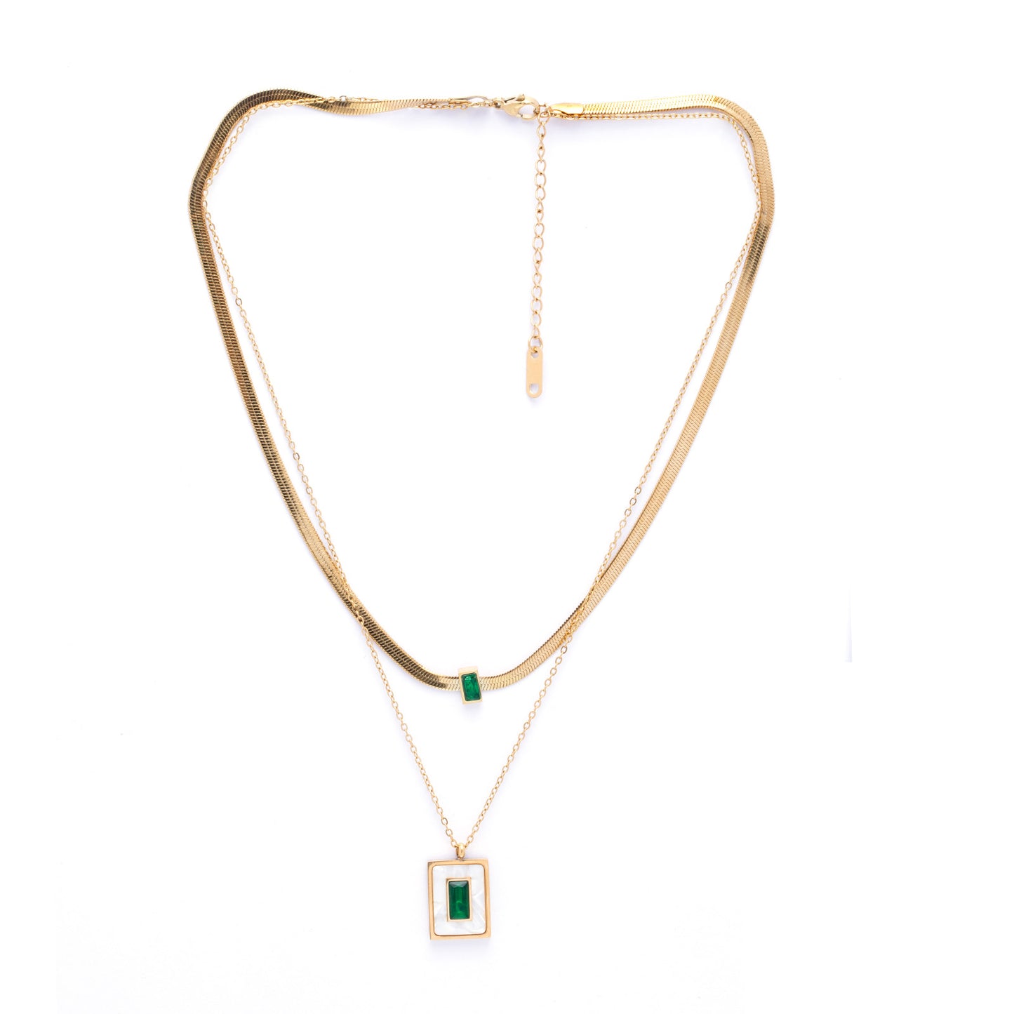 Multi-Layer 18K Gold Plated Necklace with Green & White Crystals