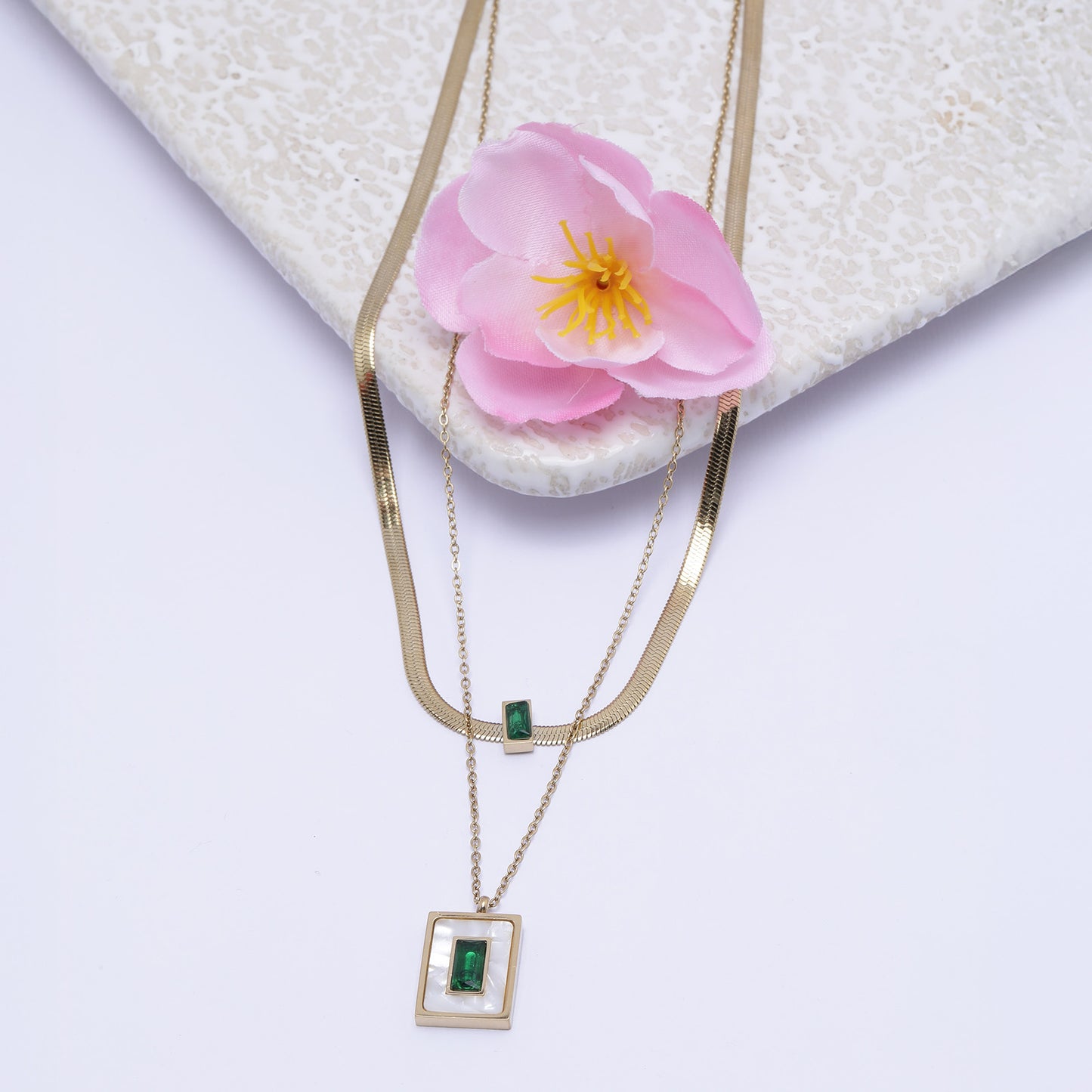 Multi-Layer 18K Gold Plated Necklace with Green & White Crystals