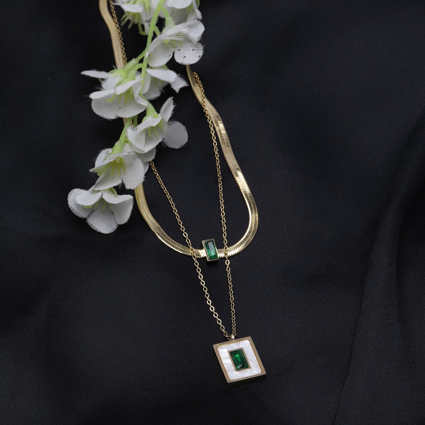 Multi-Layer 18K Gold Plated Necklace with Green & White Crystals