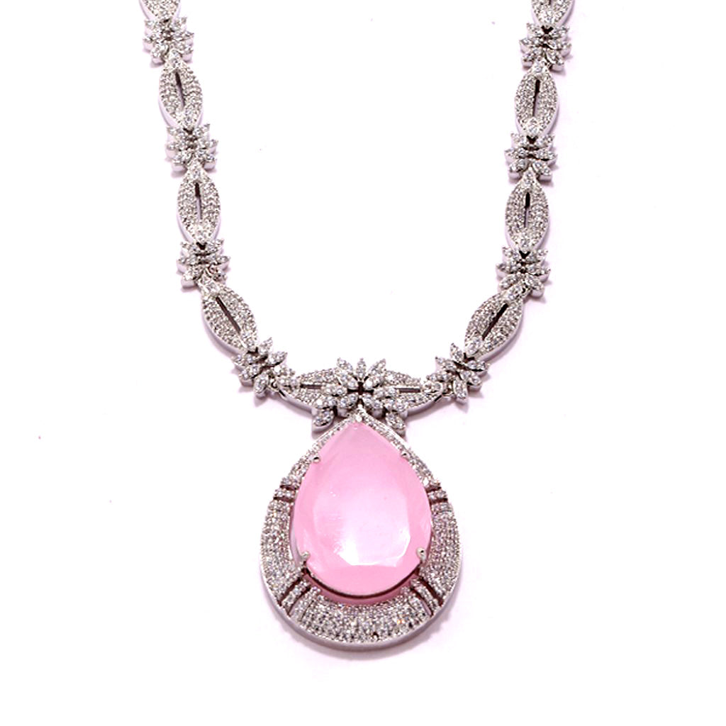 An image showing Imperial Elegance American Diamond Necklace Set (Pink).