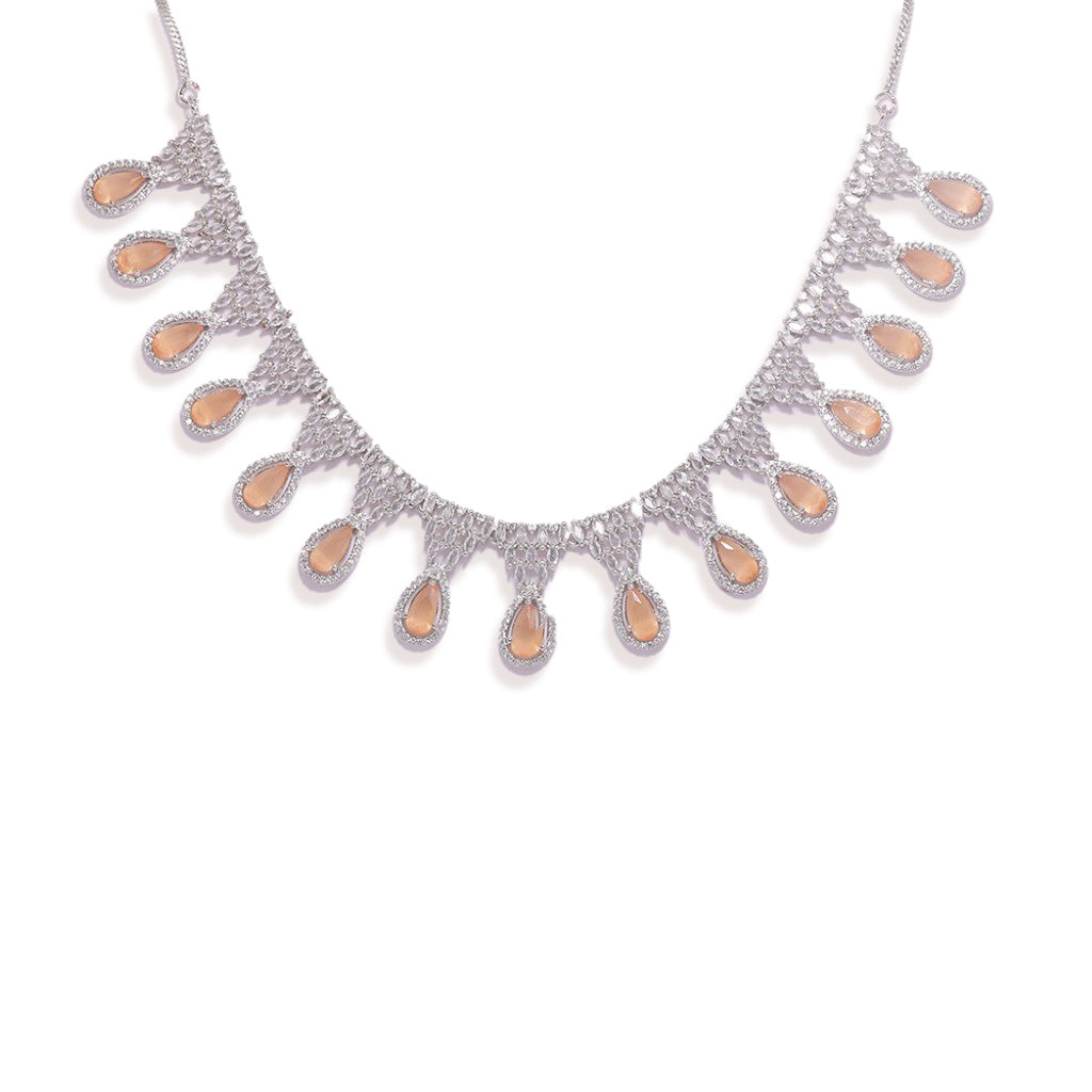Peach Colored American Diamond Glowing Droplet Necklace.