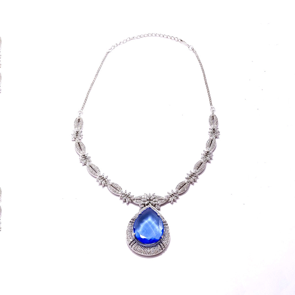 An image showing Imperial Elegance American Diamond Necklace (Blue).