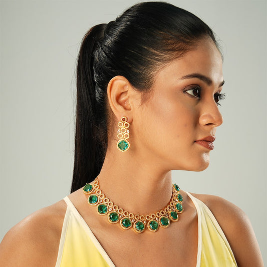A woman wearing Eternal Grace Green Colored American Diamond Necklace Set with Earrings.