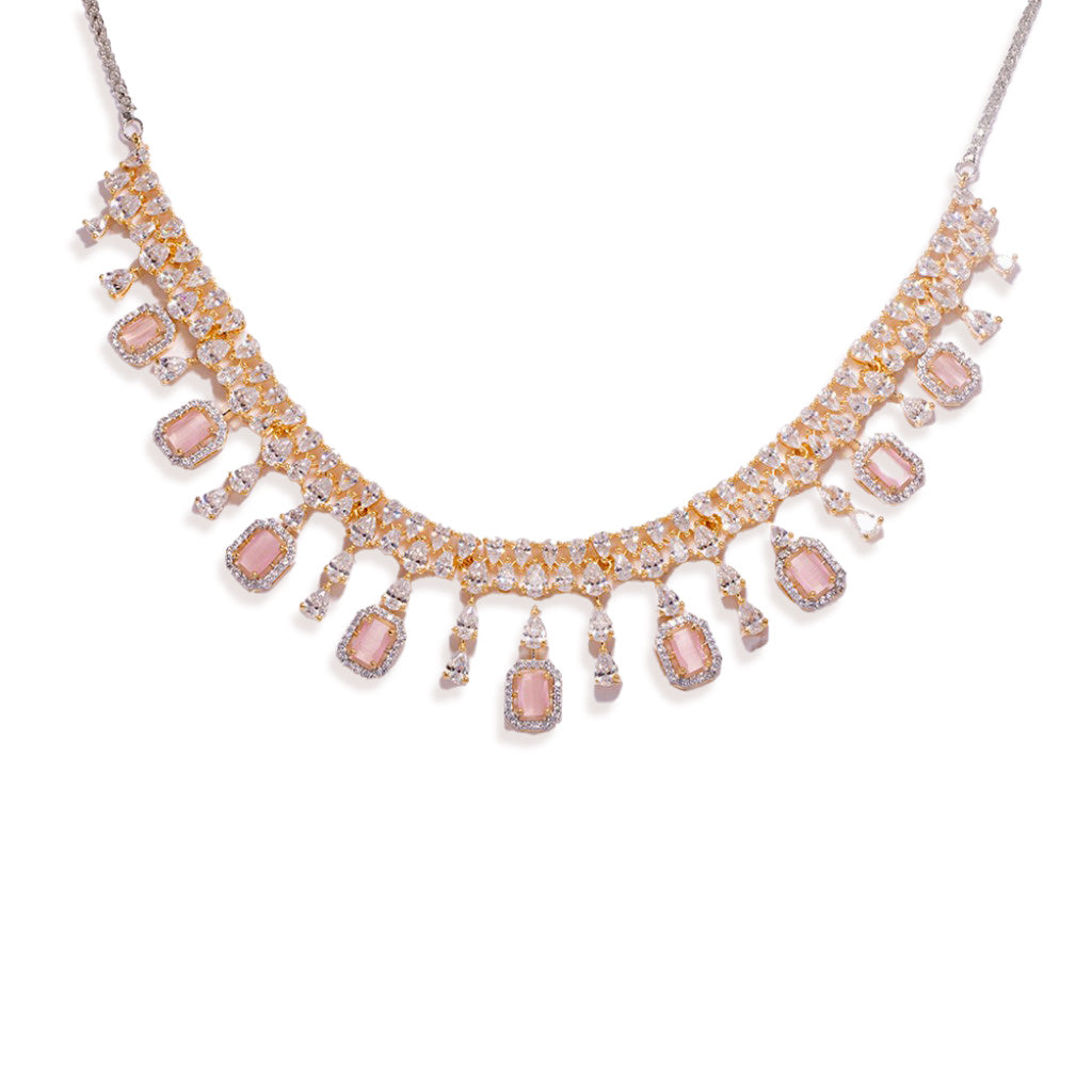 An image showing Dreamy Droplets American Diamond Necklace Set (Pink).