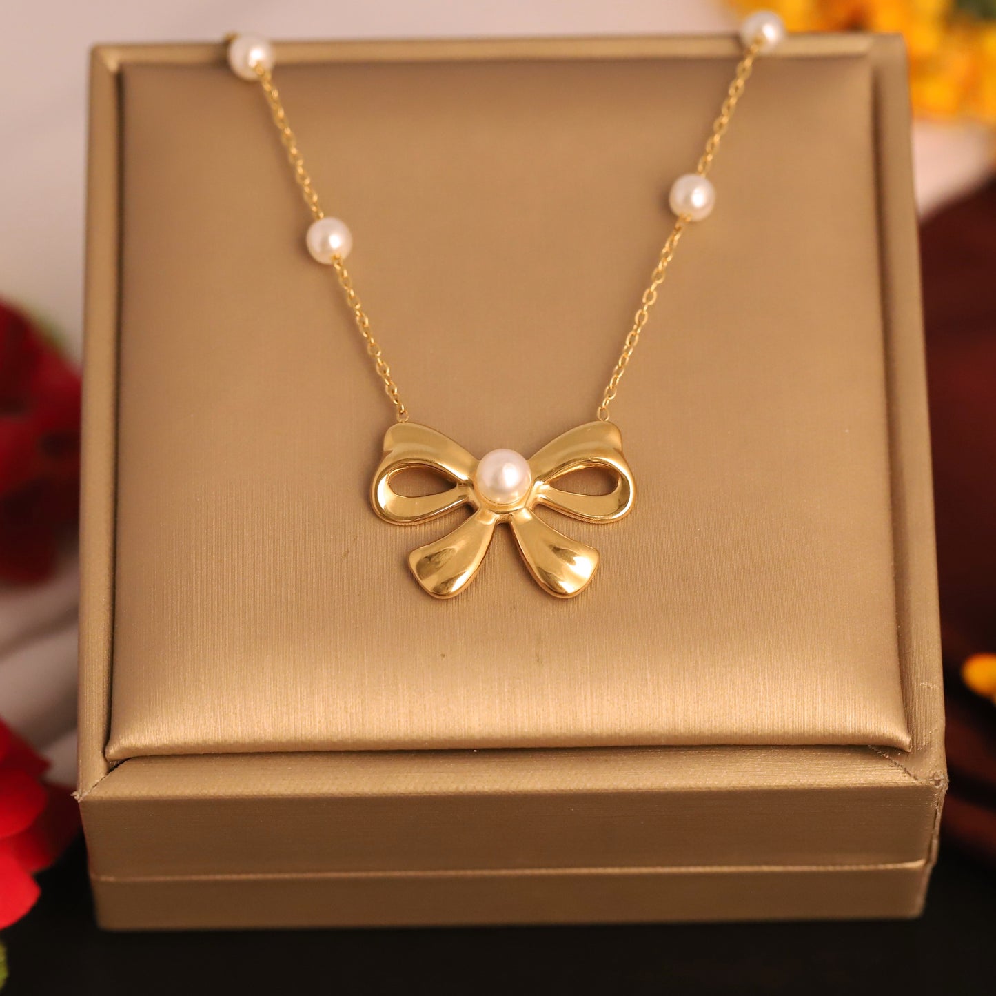 Ribbon Pearl 18K Gold PVD Bow & Pearl Necklace