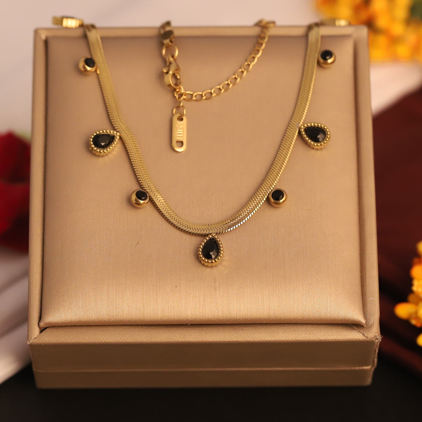 Dainty Black Drop 18K Gold PVD Necklace