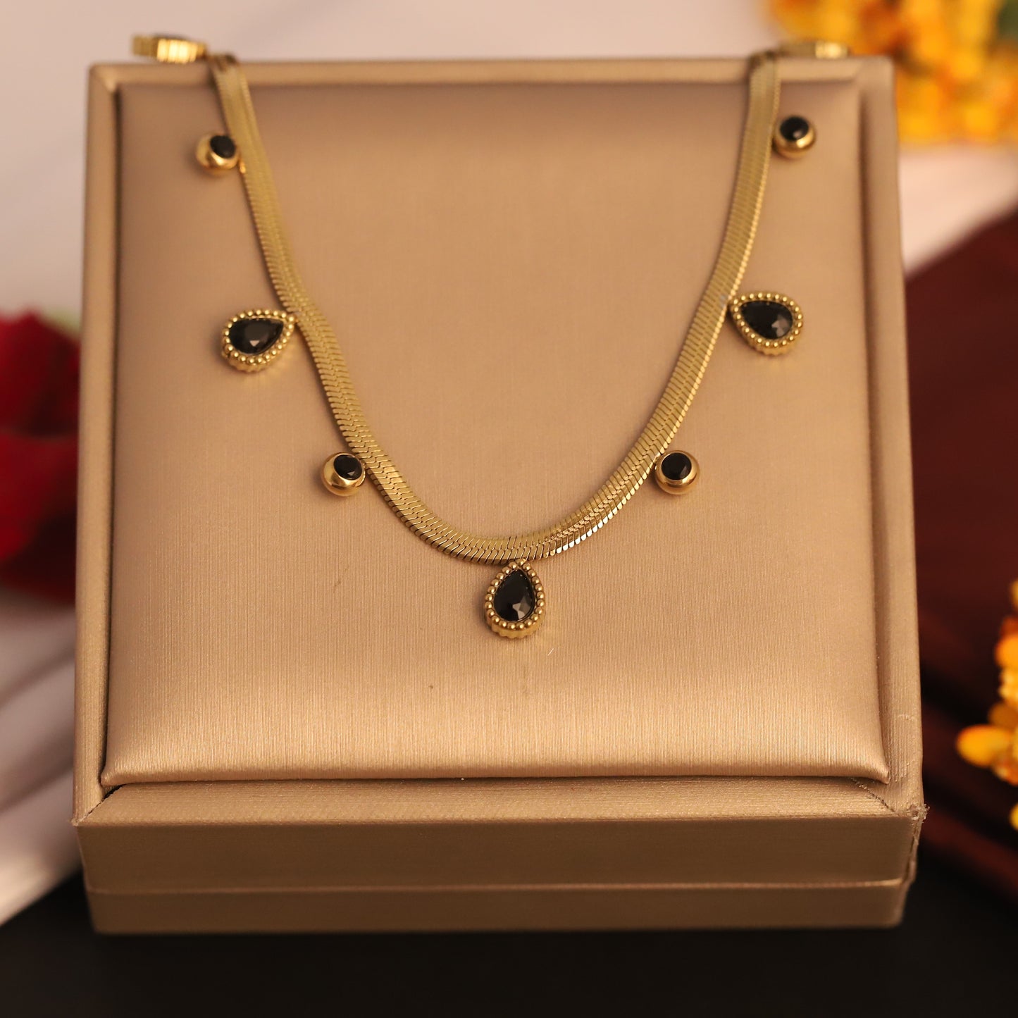 Dainty Black Drop 18K Gold PVD Necklace