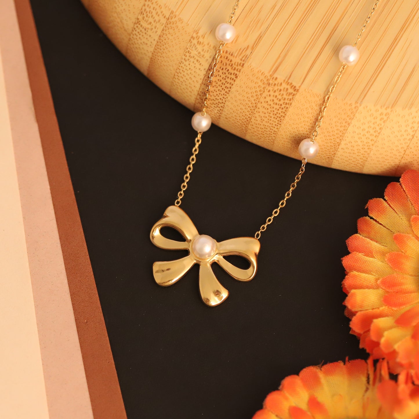 Ribbon Pearl 18K Gold PVD Bow & Pearl Necklace