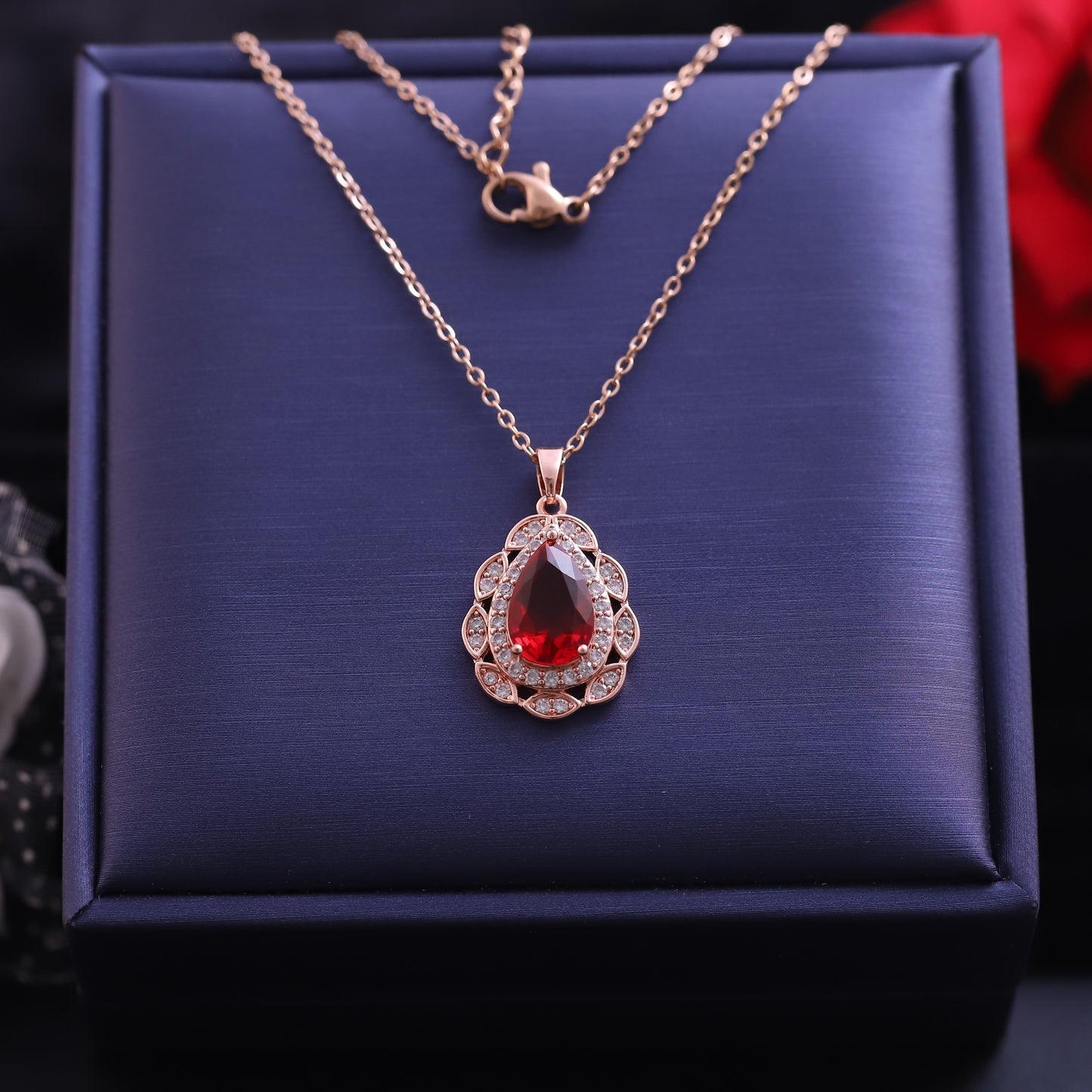 Crimson Drop Rose Gold Pendant Necklace