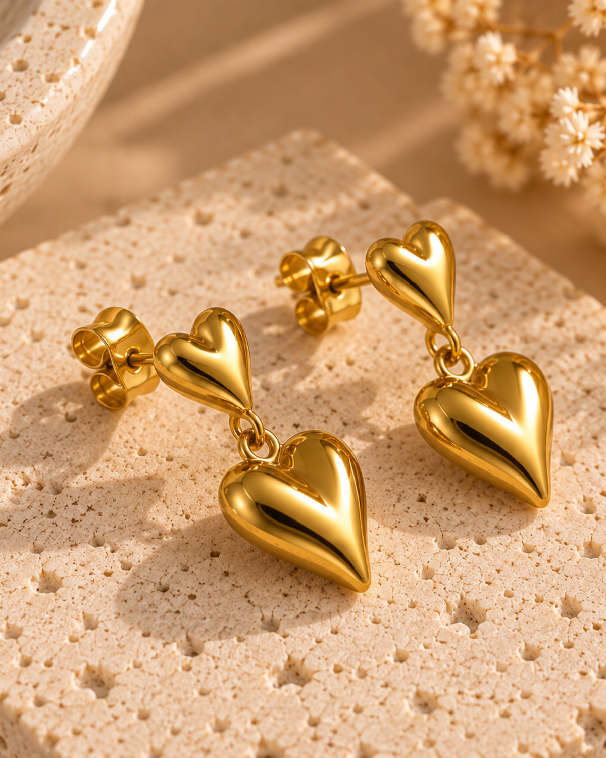 Puffed Gold Heart Drop Earrings