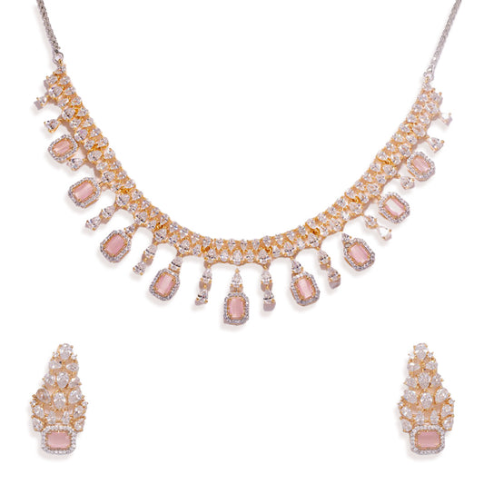 An image showing Dreamy Droplets American Diamond Necklace Set with Earrings (Pink).