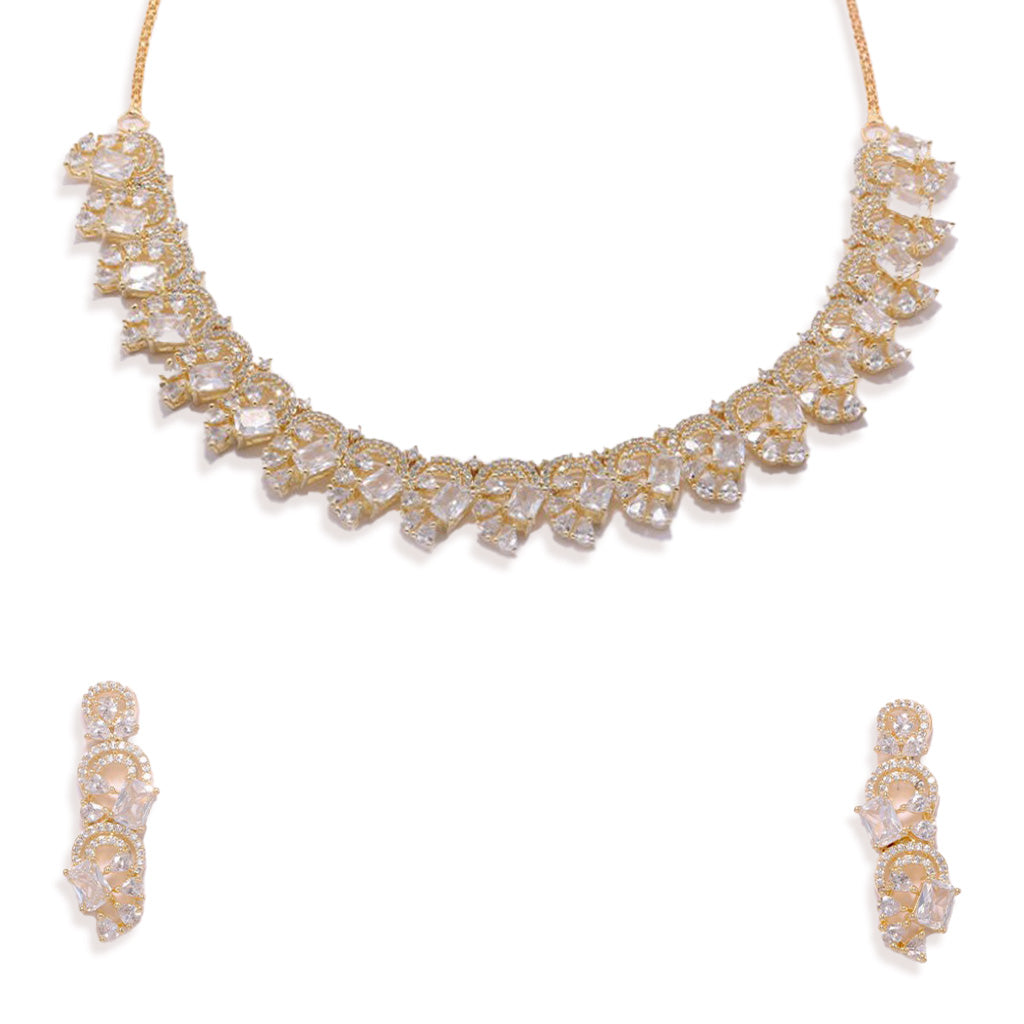 An image showing Infinite Swirl Radiance American Diamond Necklace (Gold) with Earrings.