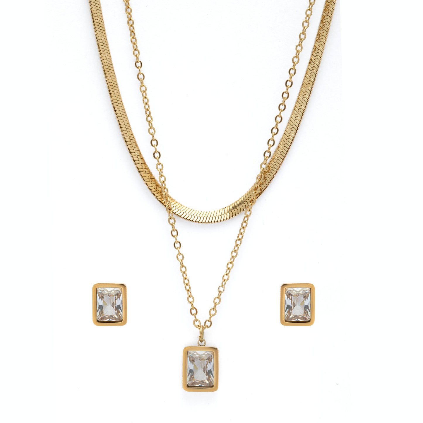 White Crystal 18K Gold Plated Multi-Layer Necklace with Earrings