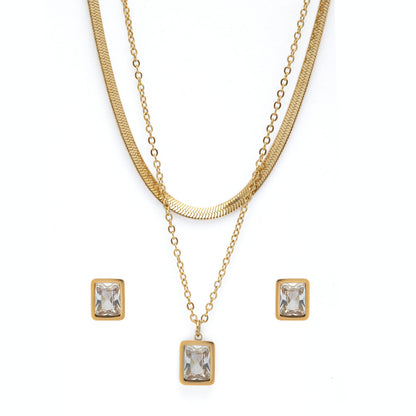 White Crystal 18K Gold Plated Multi-Layer Necklace with Earrings