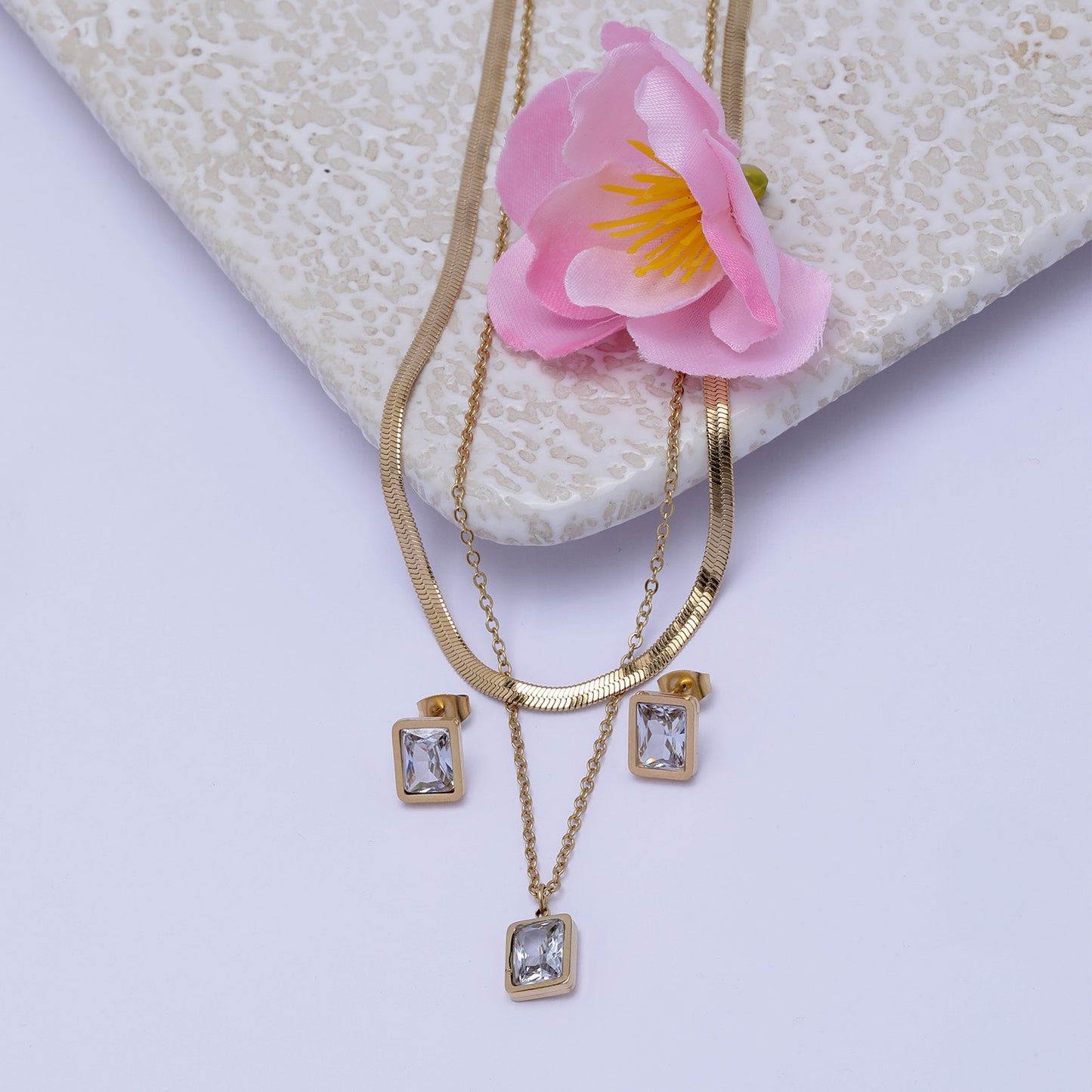 White Crystal 18K Gold Plated Multi-Layer Necklace with Earrings