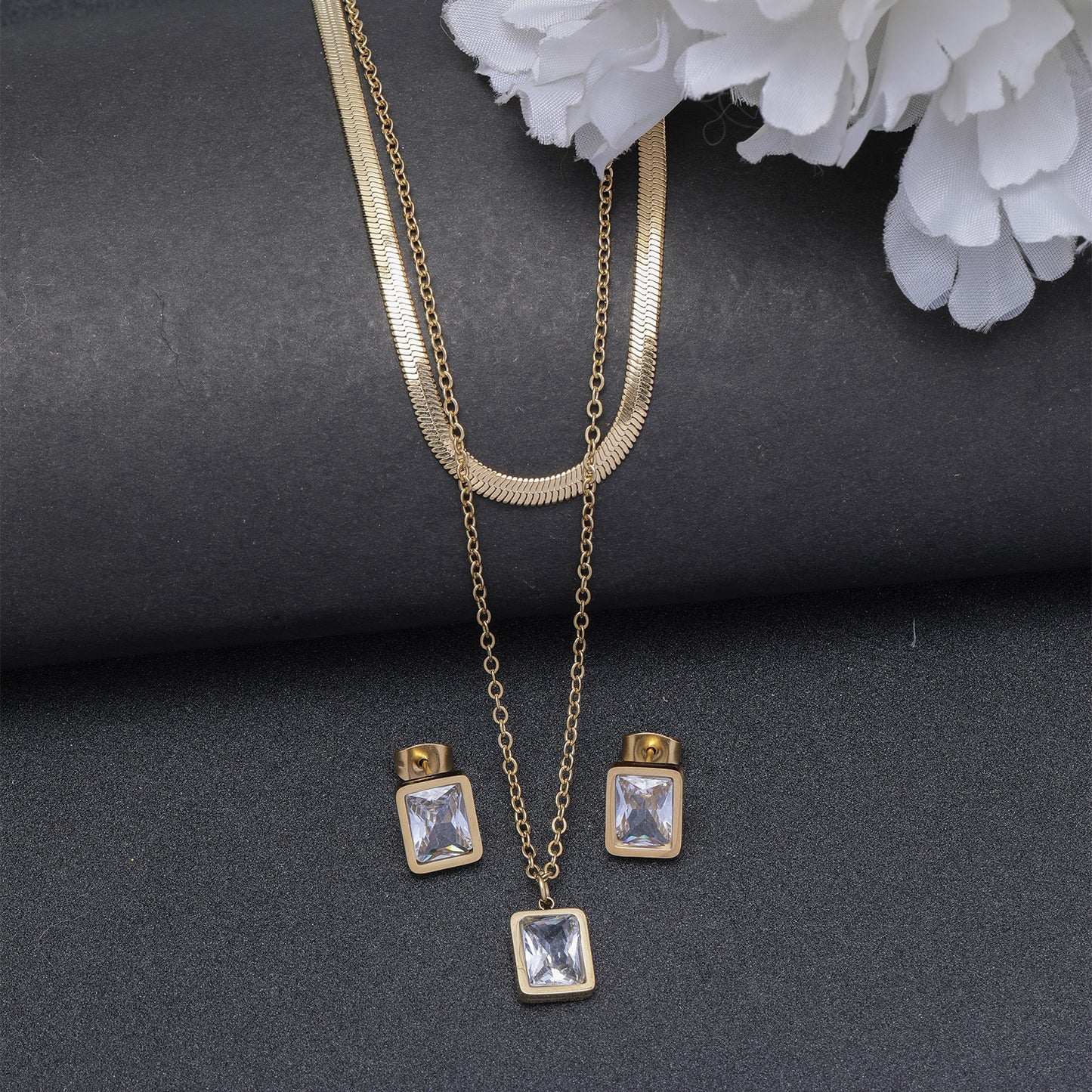 White Crystal 18K Gold Plated Multi-Layer Necklace with Earrings