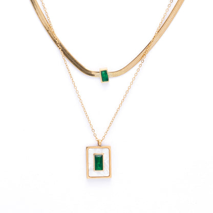 Multi-Layer 18K Gold Plated Necklace with Green & White Crystals