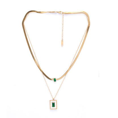 Multi-Layer 18K Gold Plated Necklace with Green & White Crystals