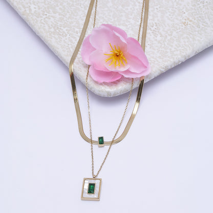 Multi-Layer 18K Gold Plated Necklace with Green & White Crystals