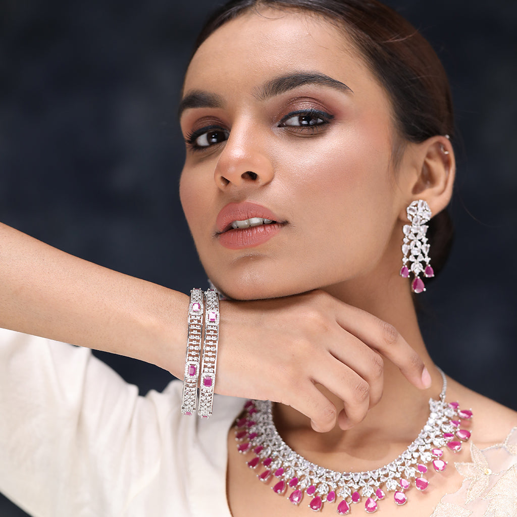 Celestial Sparkle Necklace Set of Pink Color including Earrings and Bangles. 