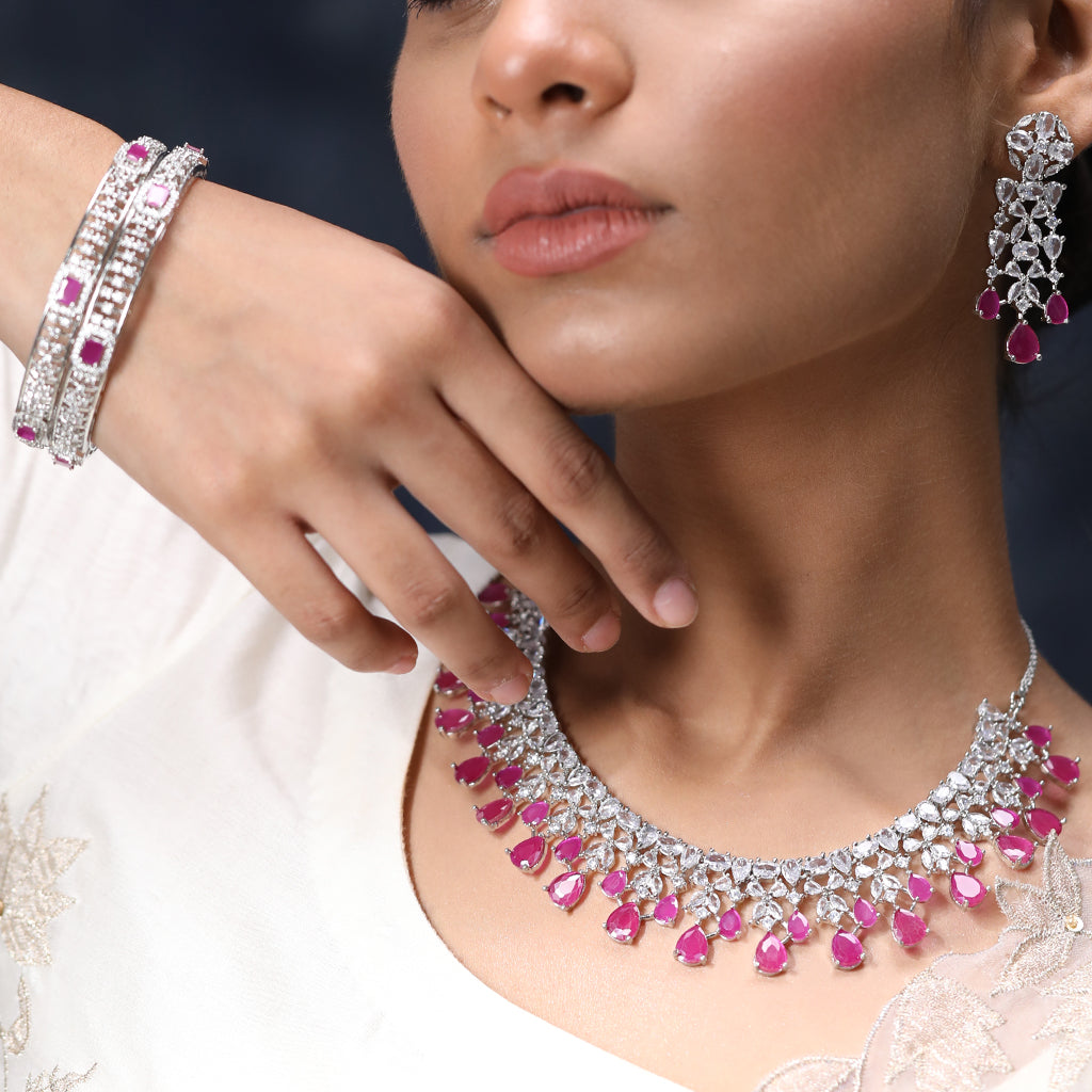 Celestial Sparkle Necklace Set of Pink Color including Earrings and Bangles. 