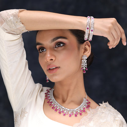 Celestial Sparkle Necklace Set of Pink Color including Earrings and Bangles. 