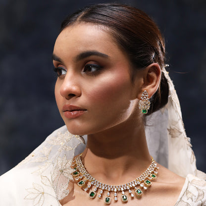 A woman wearing Dreamy Droplets Necklace of Green Color.