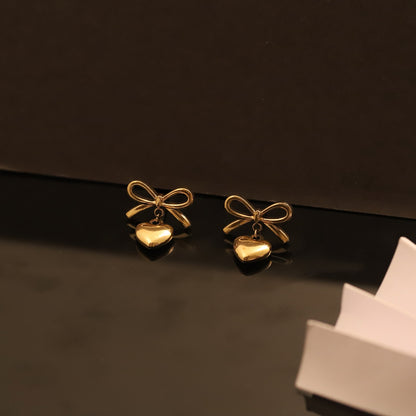 Sweet Bow & Heart 18K Gold PVD Earrings