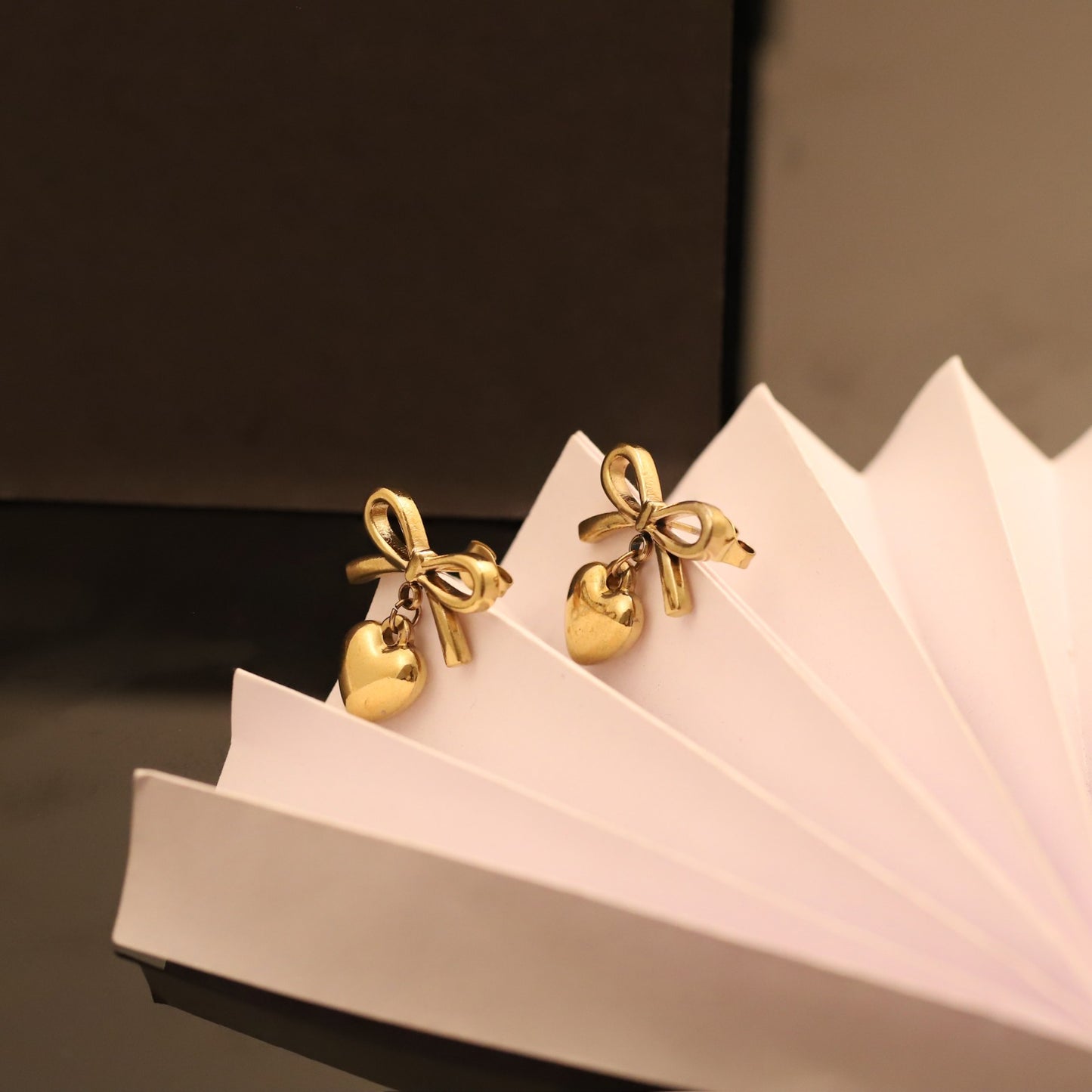 Sweet Bow & Heart 18K Gold PVD Earrings