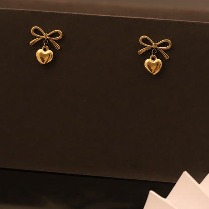 Sweet Bow & Heart 18K Gold PVD Earrings