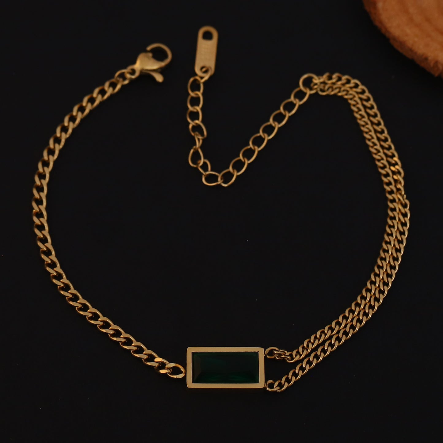 Green Stone Double Chain 22K Gold PVD Bracelet