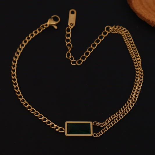 Green Stone Double Chain 22K Gold PVD Bracelet