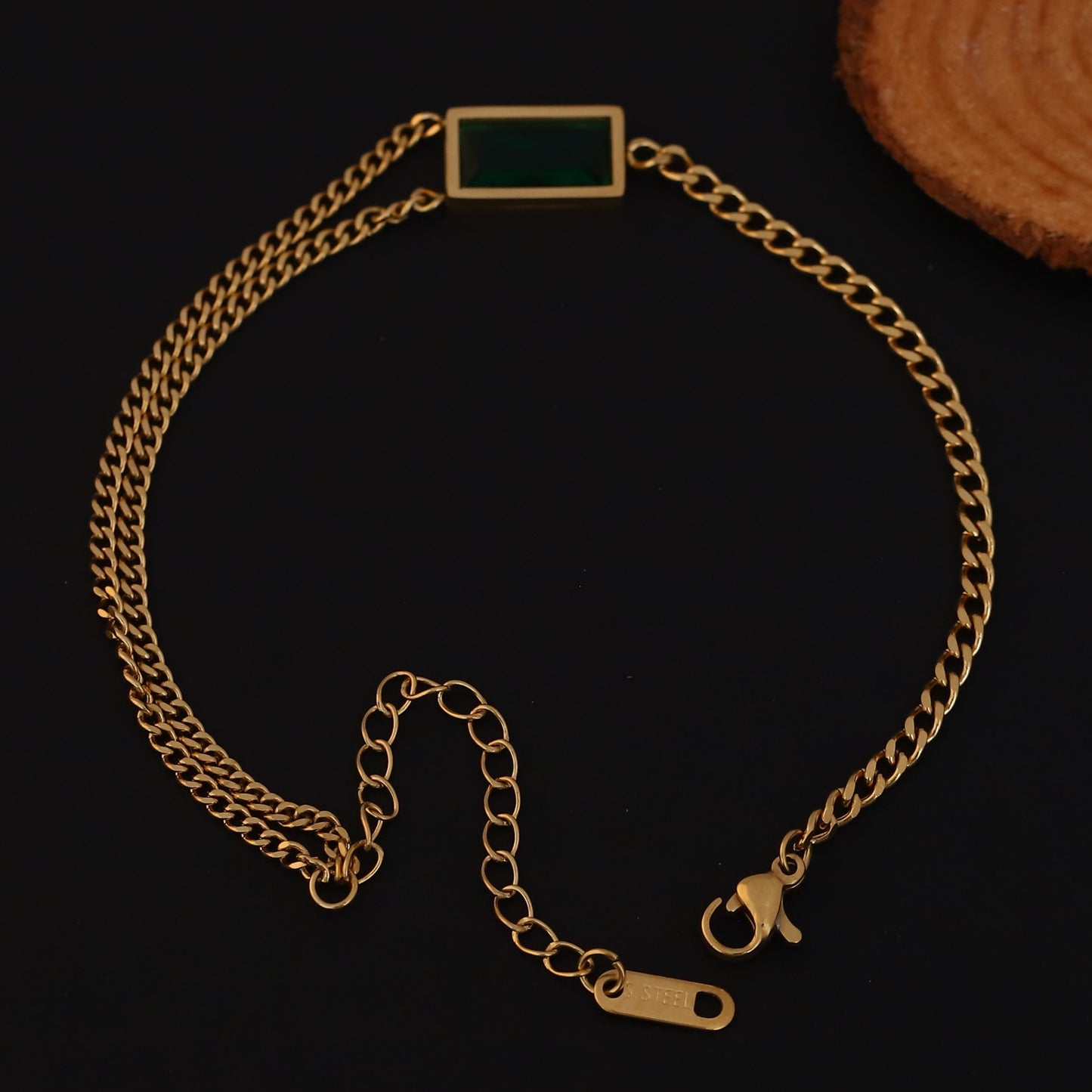 Green Stone Double Chain 22K Gold PVD Bracelet