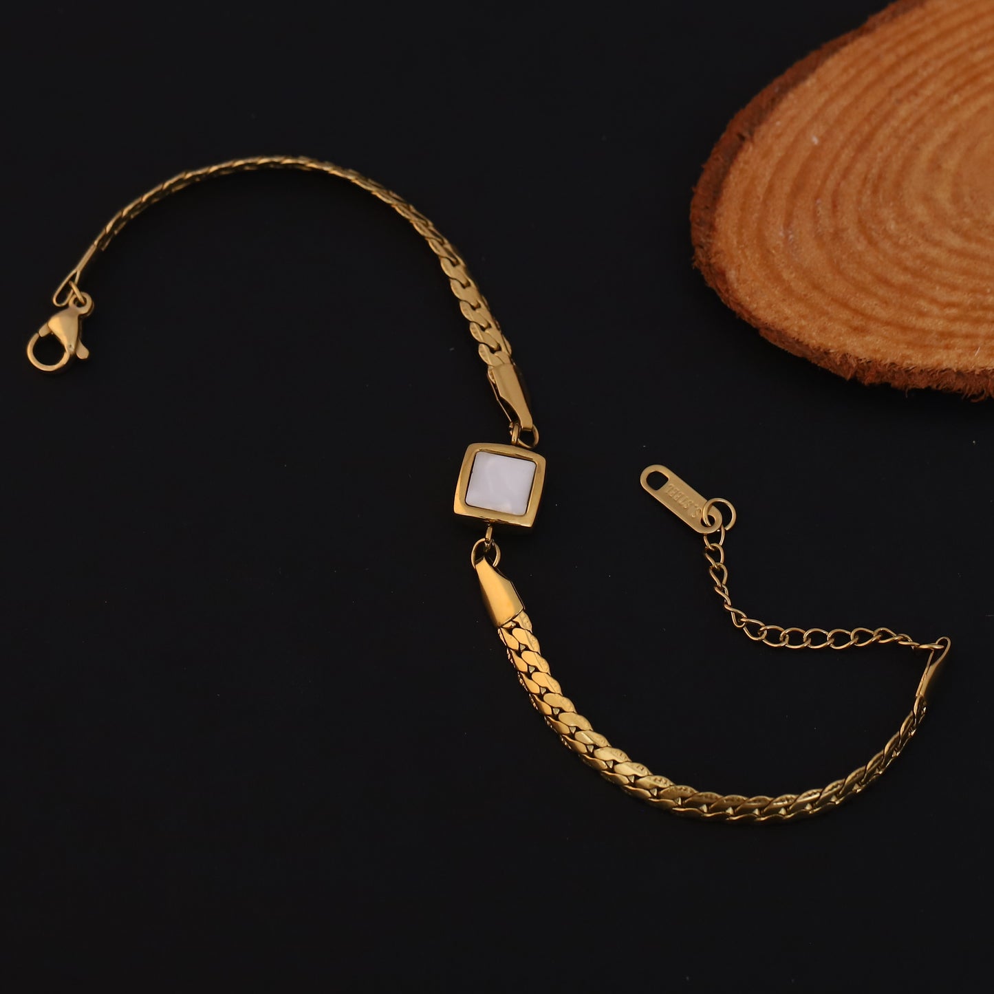 Flat Snake Chain 18K Gold PVD Bracelet with White Square Accent
