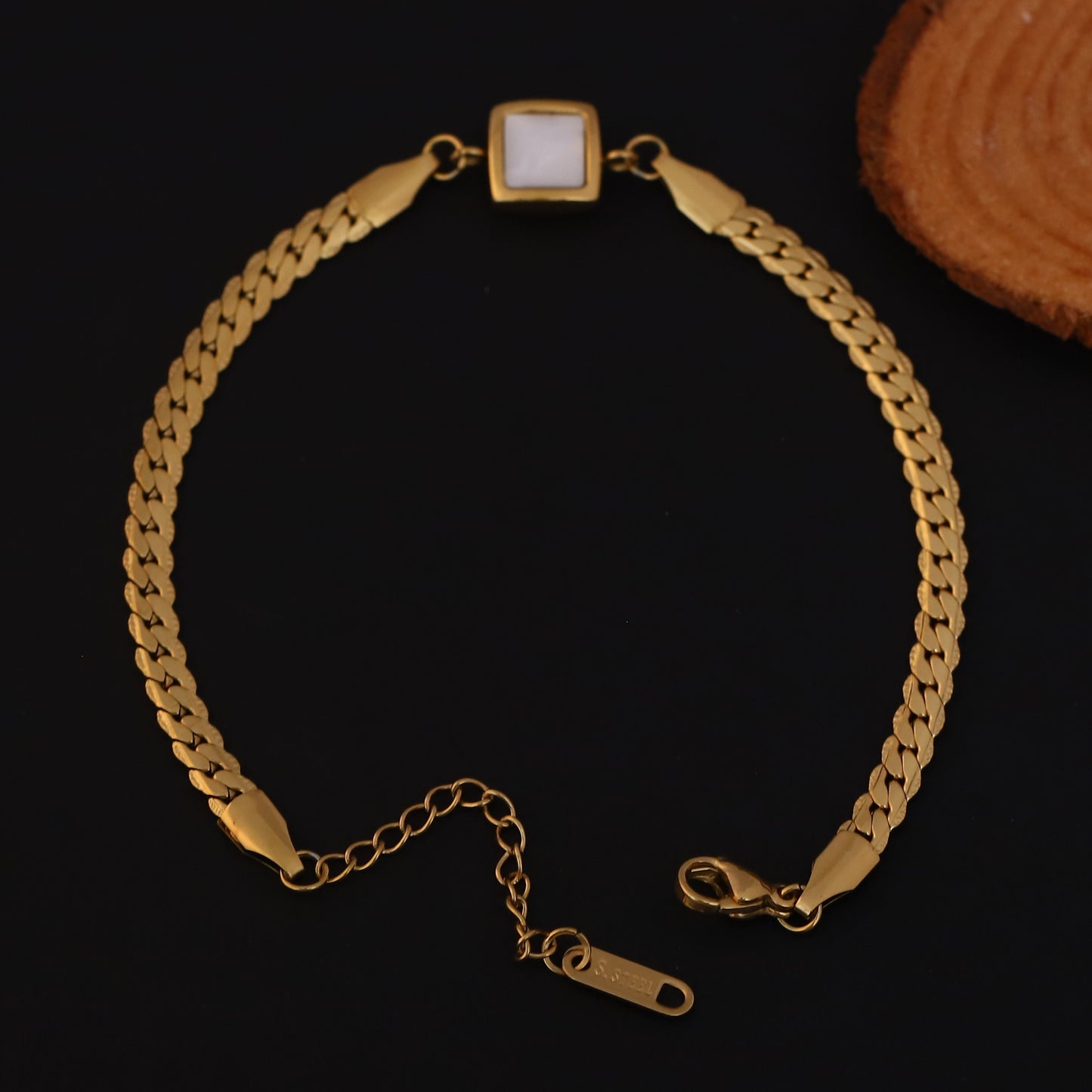 Flat Snake Chain 18K Gold PVD Bracelet with White Square Accent