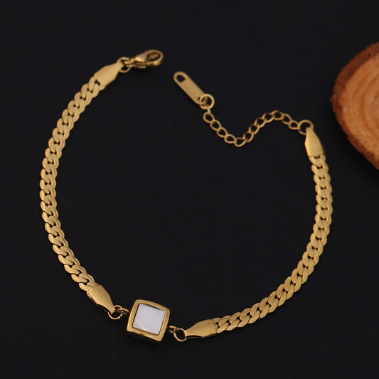 Flat Snake Chain 18K Gold PVD Bracelet with White Square Accent