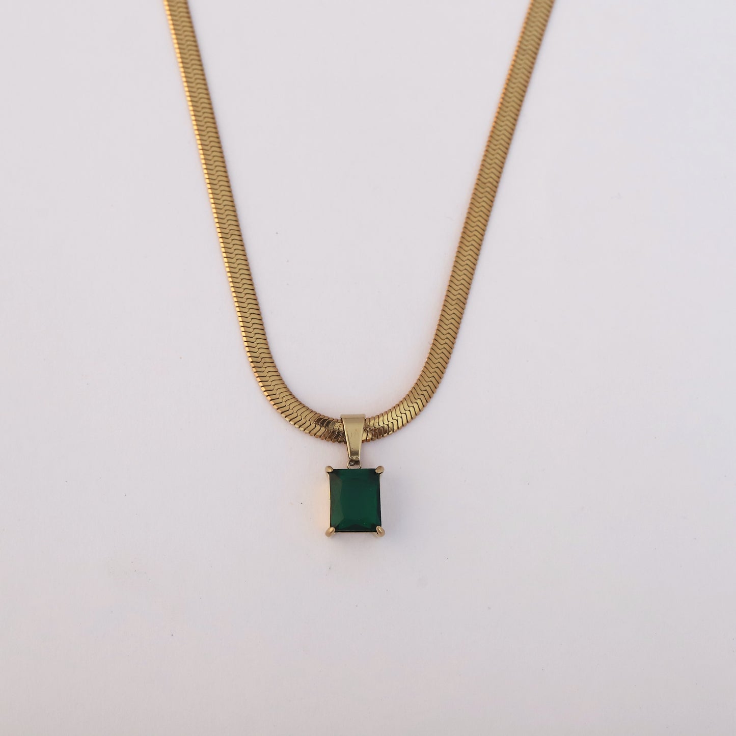Green Stone Charm with Snake Chain 18K Gold PVD Necklace