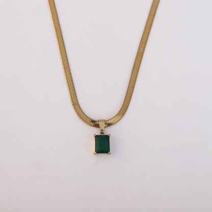 Green Stone Charm with Snake Chain 18K Gold PVD Necklace