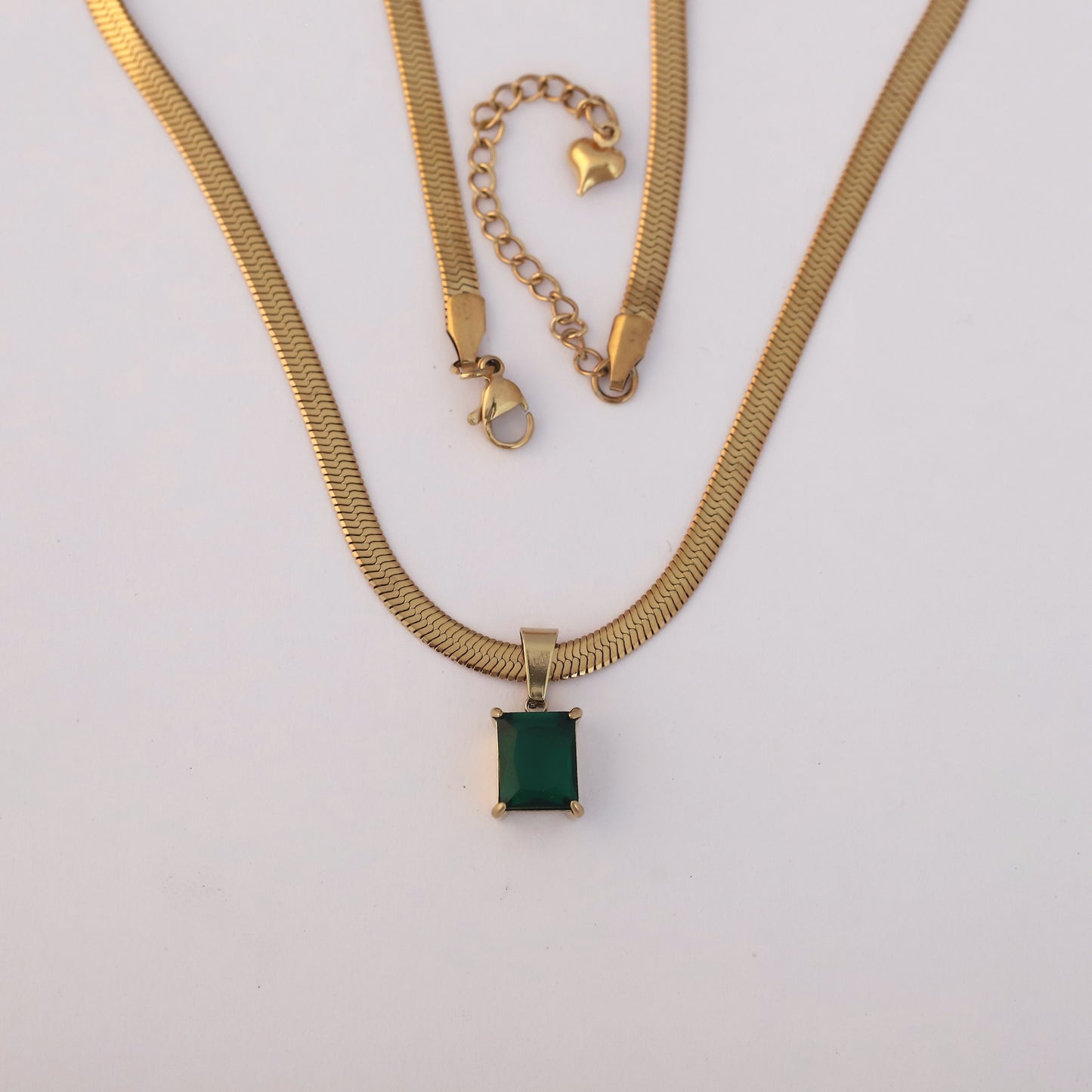 Green Stone Charm with Snake Chain 18K Gold PVD Necklace