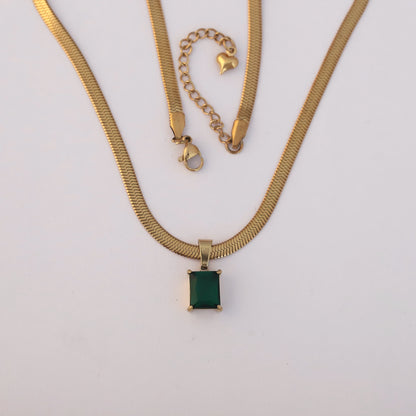 Green Stone Charm with Snake Chain 18K Gold PVD Necklace