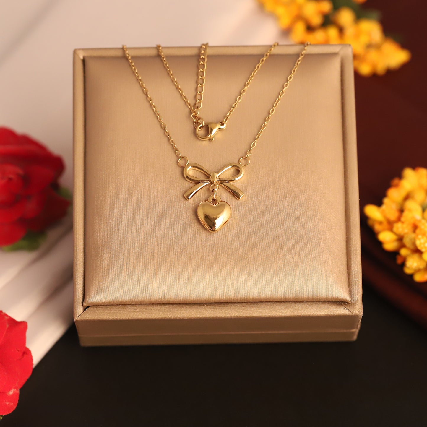 Sweet Bow & Heart 18K Gold PVD Necklace